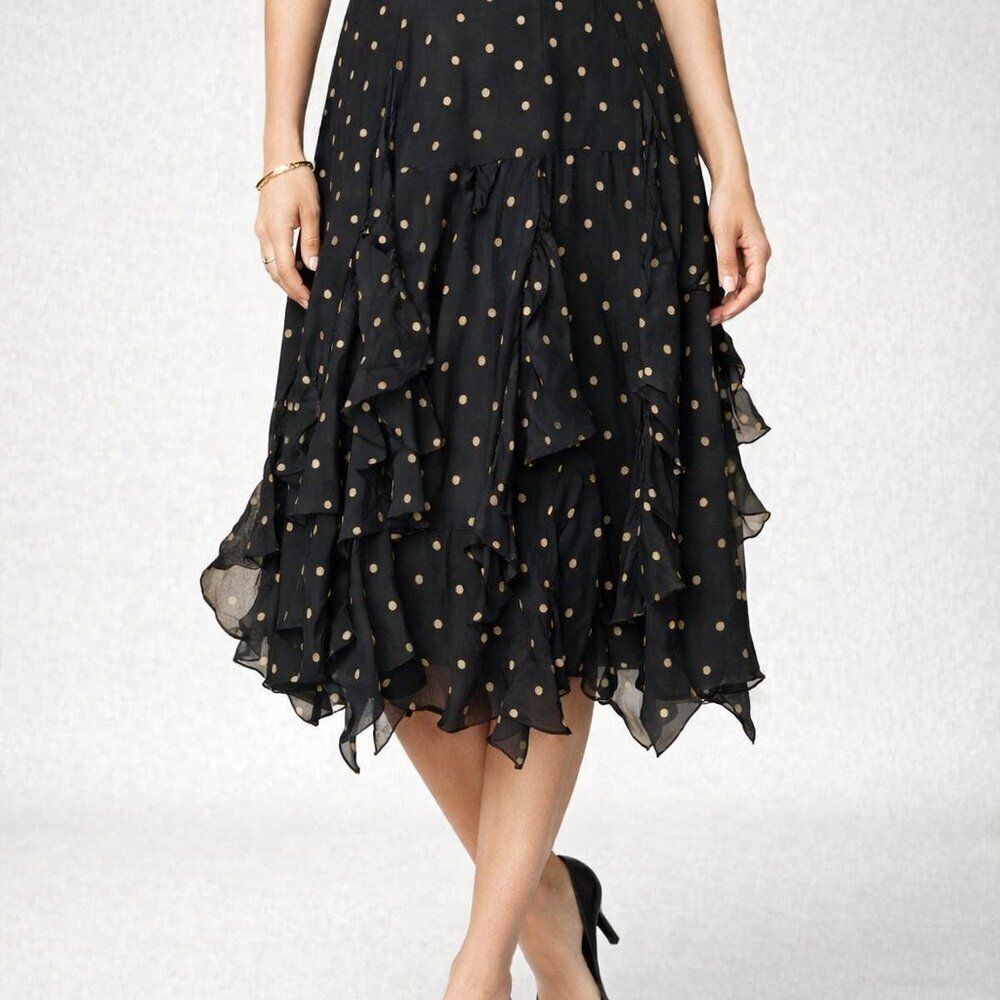 VTG Kay Unger Black with Gold Polka dots Midi Skirt Sz 10